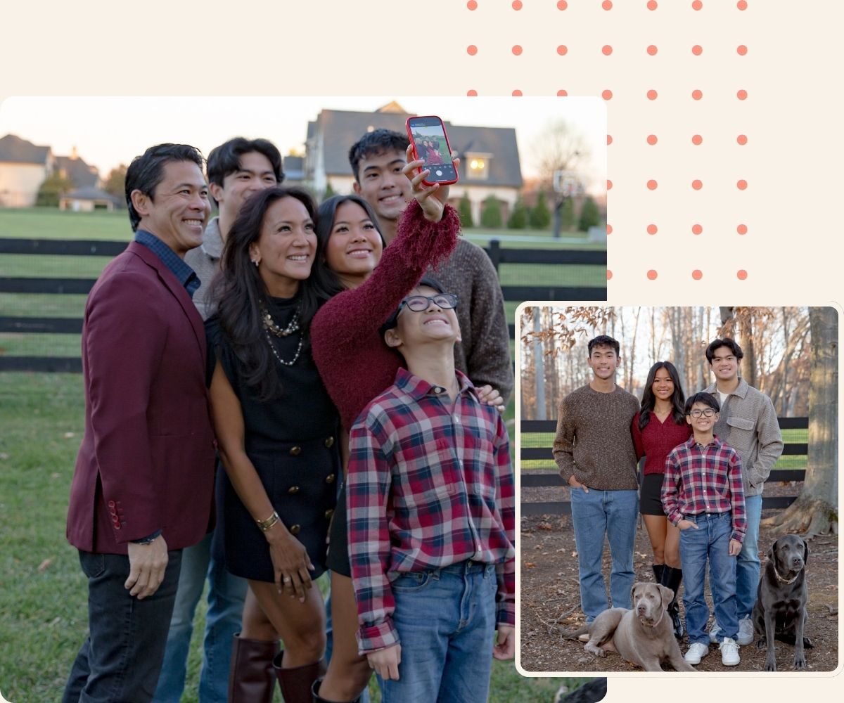 Family taking a selfie outdoors by a fence; inset photo of the kids with two dogs.